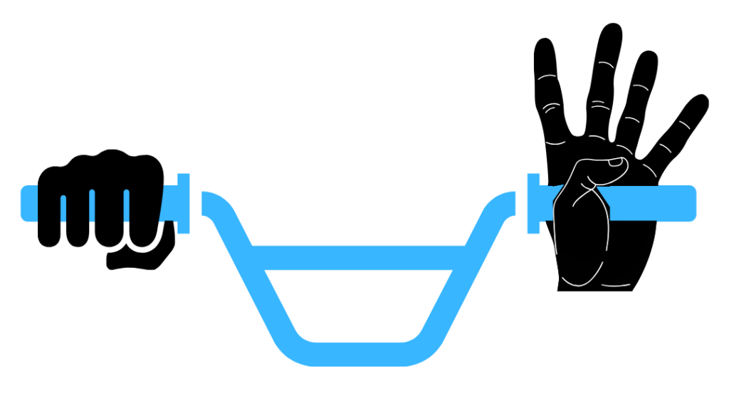 head-on diagram of a set of handlebars. the right hand is clasped tightly on its handebar, whereas the left hand has 4 fingers extended up while the thumb remains around the handlebar.